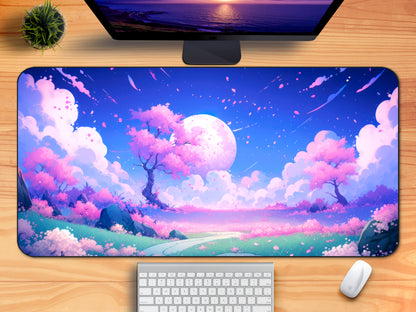 LoFi Anime Desk Mat, Cute Kawaii Cloudy Sky Landscape XXL Mouse Pad
