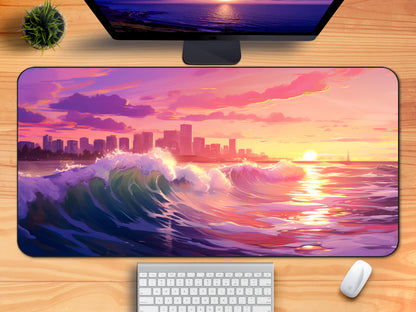 Beach Sunset Skyline Desk Mat, Retrowave Vaporwave 80s Y2K Aesthetic Synthwave XXL Large Mouse Pad